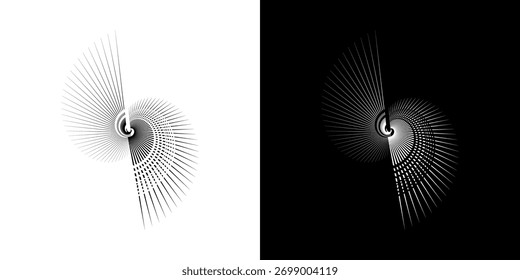 Linhas de ritmo de onda de som espiral abstrata dinâmica. Ritmo de onda de som espiral circular de linhas. Linhas abstratas futuristas circulares, fundo preto e branco.	