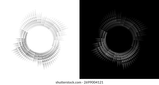 Linhas de ritmo de onda de som espiral abstrata dinâmica. Ritmo de onda de som espiral circular de linhas. Linhas abstratas futuristas circulares, fundo preto e branco.	