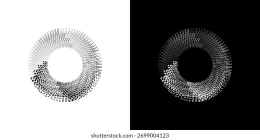 Linhas de ritmo de onda de som espiral abstrata dinâmica. Ritmo de onda de som espiral circular de linhas. Linhas abstratas futuristas circulares, fundo preto e branco.	
