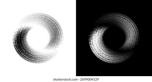 Linhas de ritmo de onda de som espiral abstrata dinâmica. Ritmo de onda de som espiral circular de linhas. Linhas abstratas futuristas circulares, fundo preto e branco.	