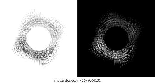 Linhas de ritmo de onda de som espiral abstrata dinâmica. Ritmo de onda de som espiral circular de linhas. Linhas abstratas futuristas circulares, fundo preto e branco.	