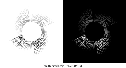 Dynamic abstract spiral sound wave rhythm lines. Circular spiral sound wave rhythm of lines. Circular futuristic abstract lines, black and white background.	