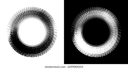 Linhas de ritmo de onda de som espiral abstrata dinâmica. Ritmo de onda de som espiral circular de linhas. Linhas abstratas futuristas circulares, fundo preto e branco.	
