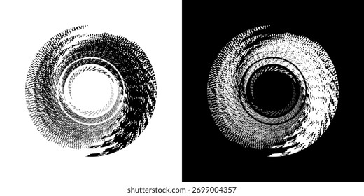 Linhas de ritmo de onda de som espiral abstrata dinâmica. Ritmo de onda de som espiral circular de linhas. Linhas abstratas futuristas circulares, fundo preto e branco.	
