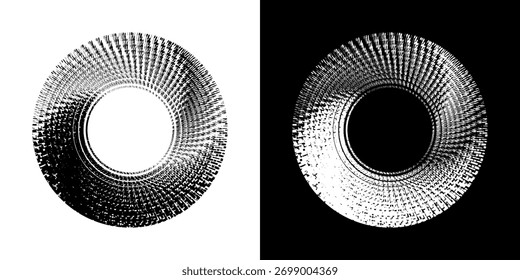 Linhas de ritmo de onda de som espiral abstrata dinâmica. Ritmo de onda de som espiral circular de linhas. Linhas abstratas futuristas circulares, fundo preto e branco.	

