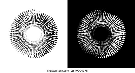 Linhas de ritmo de onda de som espiral abstrata dinâmica. Ritmo de onda de som espiral circular de linhas. Linhas abstratas futuristas circulares, fundo preto e branco.	
