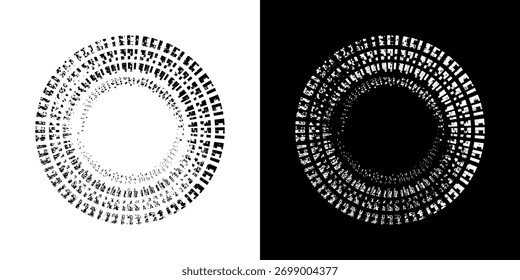 Linhas de ritmo de onda de som espiral abstrata dinâmica. Ritmo de onda de som espiral circular de linhas. Linhas abstratas futuristas circulares, fundo preto e branco.	
