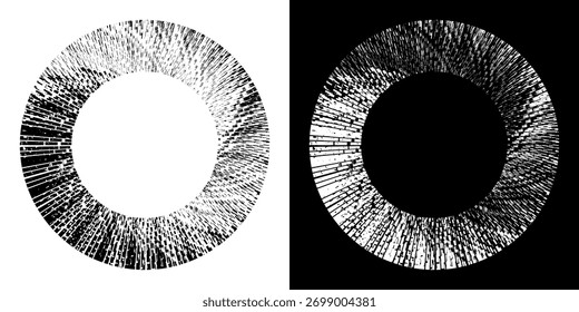 Linhas de ritmo de onda de som espiral abstrata dinâmica. Ritmo de onda de som espiral circular de linhas. Linhas abstratas futuristas circulares, fundo preto e branco.	
