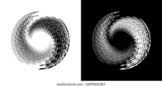 Linhas de ritmo de onda de som espiral abstrata dinâmica. Ritmo de onda de som espiral circular de linhas. Linhas abstratas futuristas circulares, fundo preto e branco.	
