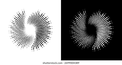 Linhas de ritmo de onda de som espiral abstrata dinâmica. Ritmo de onda de som espiral circular de linhas. Linhas abstratas futuristas circulares, fundo preto e branco.	
