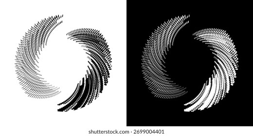 Linhas de ritmo de onda de som espiral abstrata dinâmica. Ritmo de onda de som espiral circular de linhas. Linhas abstratas futuristas circulares, fundo preto e branco.	
