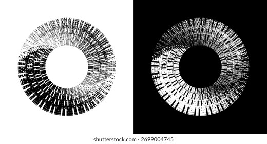 Linhas de ritmo de onda de som espiral abstrata dinâmica. Ritmo de onda de som espiral circular de linhas. Linhas abstratas futuristas circulares, fundo preto e branco.	
