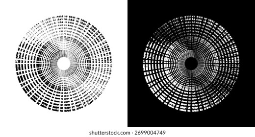 Linhas de ritmo de onda de som espiral abstrata dinâmica. Ritmo de onda de som espiral circular de linhas. Linhas abstratas futuristas circulares, fundo preto e branco.	
