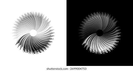 Linhas de ritmo de onda de som espiral abstrata dinâmica. Ritmo de onda de som espiral circular de linhas. Linhas abstratas futuristas circulares, fundo preto e branco.	
