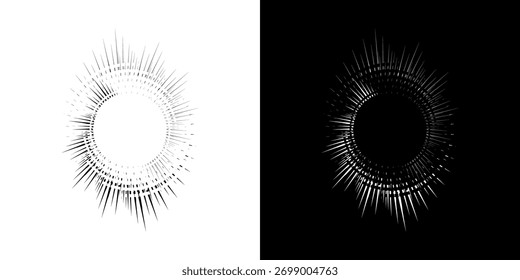 Linhas de ritmo de onda de som espiral abstrata dinâmica. Ritmo de onda de som espiral circular de linhas. Linhas abstratas futuristas circulares, fundo preto e branco.	
