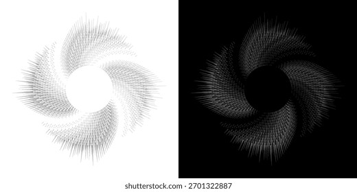 Linhas de ritmo de onda de som espiral abstrata dinâmica. Ritmo de onda de som espiral circular de linhas. Linhas abstratas futuristas circulares, fundo preto e branco.	