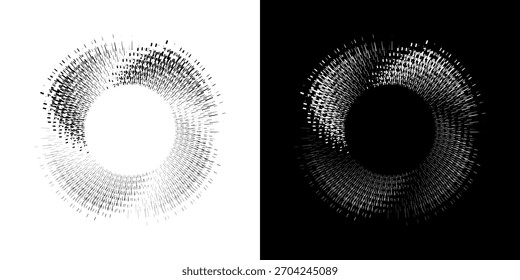 Líneas dinámicas abstractas del ritmo de ondas de sonido en espiral. Onda de sonido circular en espiral con ritmo de líneas. Líneas abstractas futuristas circulares, fondo blanco y negro.