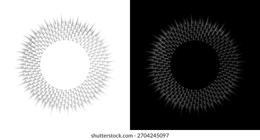 Linhas de ritmo de onda de som espiral abstrata dinâmica. Ritmo de onda de som espiral circular de linhas. Linhas abstratas futuristas circulares, fundo preto e branco.
