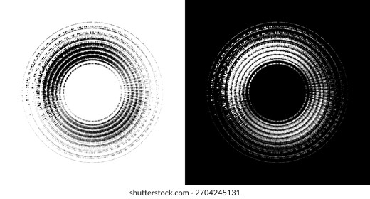 Linhas de ritmo de onda de som espiral abstrata dinâmica. Ritmo de onda de som espiral circular de linhas. Linhas abstratas futuristas circulares, fundo preto e branco.