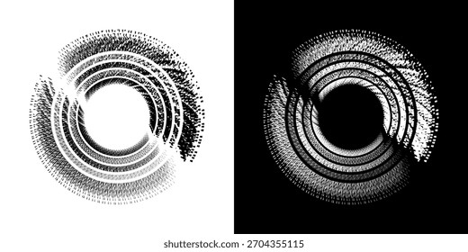 Dynamische abstrakte Spiral-Schallwellen-Rhythmuslinien. Kreisförmige Spirale Schallwelle Rhythmus von Linien. Zirkuläre futuristische abstrakte Linien, schwarz-weißer Hintergrund.