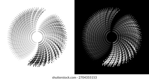 Líneas dinámicas abstractas del ritmo de ondas de sonido en espiral. Onda de sonido circular en espiral con ritmo de líneas. Líneas abstractas futuristas circulares, fondo blanco y negro.
