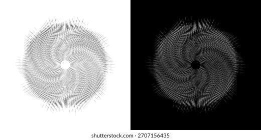 	
Líneas dinámicas abstractas del ritmo de ondas de sonido en espiral. Onda de sonido circular en espiral con ritmo de líneas. Líneas abstractas futuristas circulares, fondo blanco y negro.	