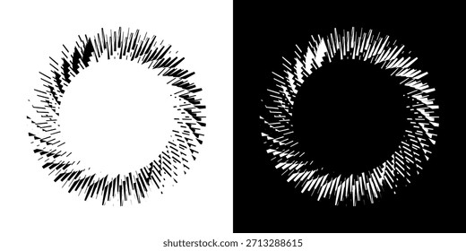 Dynamische abstrakte Spiral-Schallwellen-Rhythmuslinien. Kreisförmige Spirale Schallwelle Rhythmus von Linien. Zirkuläre futuristische abstrakte Linien, schwarz-weißer Hintergrund.	