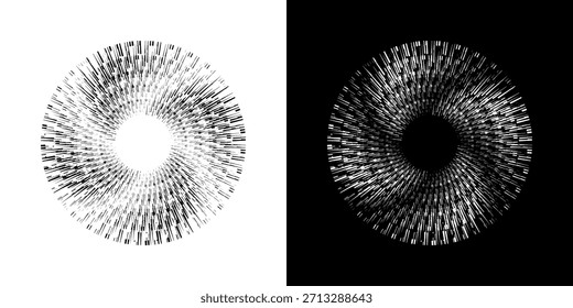 Dynamische abstrakte Spiral-Schallwellen-Rhythmuslinien. Kreisförmige Spirale Schallwelle Rhythmus von Linien. Zirkuläre futuristische abstrakte Linien, schwarz-weißer Hintergrund.	