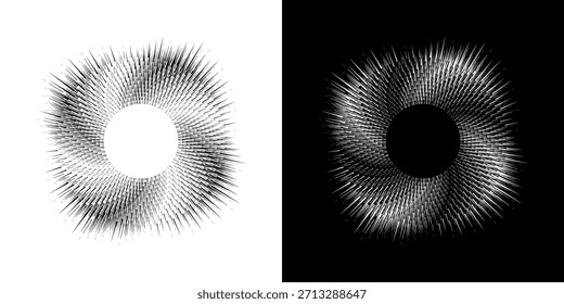 Dynamische abstrakte Spiral-Schallwellen-Rhythmuslinien. Kreisförmige Spirale Schallwelle Rhythmus von Linien. Zirkuläre futuristische abstrakte Linien, schwarz-weißer Hintergrund.	