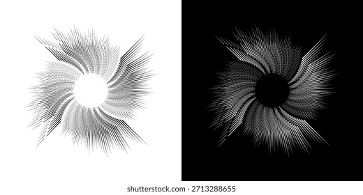 Dynamische abstrakte Spiral-Schallwellen-Rhythmuslinien. Kreisförmige Spirale Schallwelle Rhythmus von Linien. Zirkuläre futuristische abstrakte Linien, schwarz-weißer Hintergrund.	