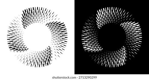 Dynamische abstrakte Spiral-Schallwellen-Rhythmuslinien. Kreisförmige Spirale Schallwelle Rhythmus von Linien. Zirkuläre futuristische abstrakte Linien, schwarz-weißer Hintergrund.	