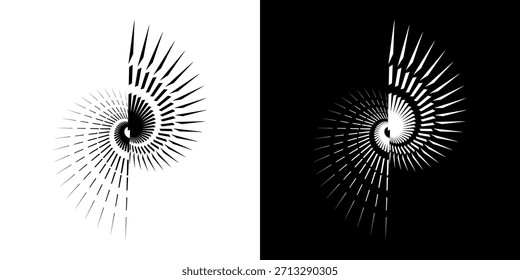 Dynamische abstrakte Spiral-Schallwellen-Rhythmuslinien. Kreisförmige Spirale Schallwelle Rhythmus von Linien. Zirkuläre futuristische abstrakte Linien, schwarz-weißer Hintergrund.	