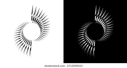 Linhas de ritmo de onda de som espiral abstrata dinâmica. Ritmo de onda de som espiral circular de linhas. Linhas abstratas futuristas circulares, fundo preto e branco.	