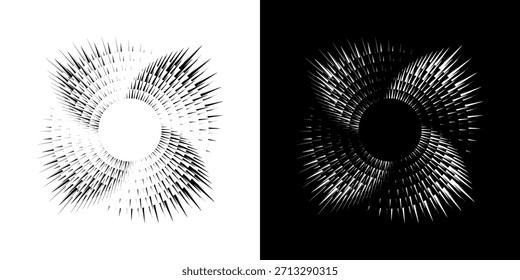 Dynamische abstrakte Spiral-Schallwellen-Rhythmuslinien. Kreisförmige Spirale Schallwelle Rhythmus von Linien. Zirkuläre futuristische abstrakte Linien, schwarz-weißer Hintergrund.	