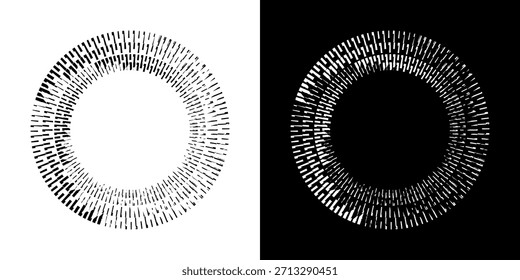 Dynamische abstrakte Spiral-Schallwellen-Rhythmuslinien. Kreisförmige Spirale Schallwelle Rhythmus von Linien. Zirkuläre futuristische abstrakte Linien, schwarz-weißer Hintergrund.	