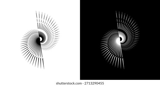Dynamische abstrakte Spiral-Schallwellen-Rhythmuslinien. Kreisförmige Spirale Schallwelle Rhythmus von Linien. Zirkuläre futuristische abstrakte Linien, schwarz-weißer Hintergrund.	