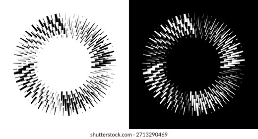 Dynamische abstrakte Spiral-Schallwellen-Rhythmuslinien. Kreisförmige Spirale Schallwelle Rhythmus von Linien. Zirkuläre futuristische abstrakte Linien, schwarz-weißer Hintergrund.	