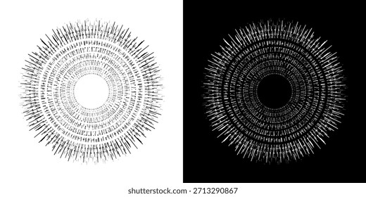 Dynamische abstrakte Spiral-Schallwellen-Rhythmuslinien. Kreisförmige Spirale Schallwelle Rhythmus von Linien. Zirkuläre futuristische abstrakte Linien, schwarz-weißer Hintergrund.
