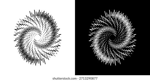 Líneas dinámicas abstractas del ritmo de ondas de sonido en espiral. Onda de sonido circular en espiral con ritmo de líneas. Líneas abstractas futuristas circulares, fondo blanco y negro.