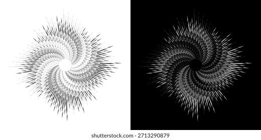 Linhas de ritmo de onda de som espiral abstrata dinâmica. Ritmo de onda de som espiral circular de linhas. Linhas abstratas futuristas circulares, fundo preto e branco.