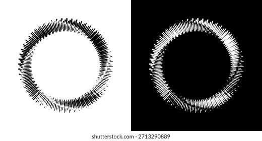 Dynamische abstrakte Spiral-Schallwellen-Rhythmuslinien. Kreisförmige Spirale Schallwelle Rhythmus von Linien. Zirkuläre futuristische abstrakte Linien, schwarz-weißer Hintergrund.	