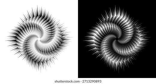 Dynamische abstrakte Spiral-Schallwellen-Rhythmuslinien. Kreisförmige Spirale Schallwelle Rhythmus von Linien. Zirkuläre futuristische abstrakte Linien, schwarz-weißer Hintergrund.