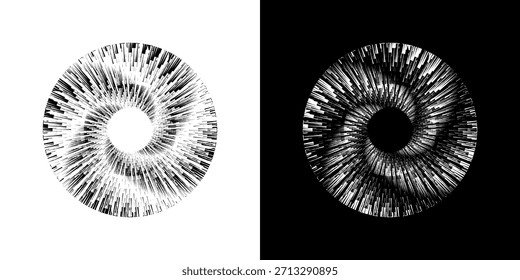 Dynamische abstrakte Spiral-Schallwellen-Rhythmuslinien. Kreisförmige Spirale Schallwelle Rhythmus von Linien. Zirkuläre futuristische abstrakte Linien, schwarz-weißer Hintergrund.