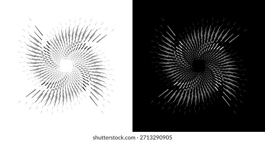 Dynamische abstrakte Spiral-Schallwellen-Rhythmuslinien. Kreisförmige Spirale Schallwelle Rhythmus von Linien. Zirkuläre futuristische abstrakte Linien, schwarz-weißer Hintergrund.