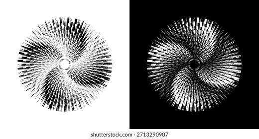Dynamic abstract spiral sound wave rhythm lines. Circular spiral sound wave rhythm of lines. Circular futuristic abstract lines, black and white background.