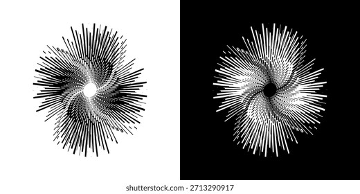 Dynamische abstrakte Spiral-Schallwellen-Rhythmuslinien. Kreisförmige Spirale Schallwelle Rhythmus von Linien. Zirkuläre futuristische abstrakte Linien, schwarz-weißer Hintergrund.