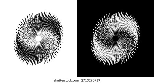 Dynamische abstrakte Spiral-Schallwellen-Rhythmuslinien. Kreisförmige Spirale Schallwelle Rhythmus von Linien. Zirkuläre futuristische abstrakte Linien, schwarz-weißer Hintergrund.