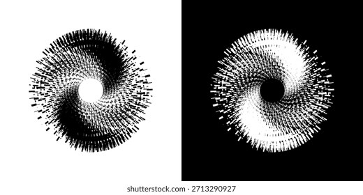 Dynamische abstrakte Spiral-Schallwellen-Rhythmuslinien. Kreisförmige Spirale Schallwelle Rhythmus von Linien. Zirkuläre futuristische abstrakte Linien, schwarz-weißer Hintergrund.