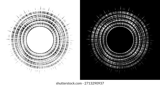 Dynamische abstrakte Spiral-Schallwellen-Rhythmuslinien. Kreisförmige Spirale Schallwelle Rhythmus von Linien. Zirkuläre futuristische abstrakte Linien, schwarz-weißer Hintergrund.