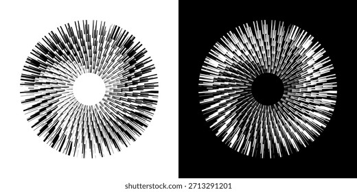 Dynamische abstrakte Spiral-Schallwellen-Rhythmuslinien. Kreisförmige Spirale Schallwelle Rhythmus von Linien. Zirkuläre futuristische abstrakte Linien, schwarz-weißer Hintergrund.